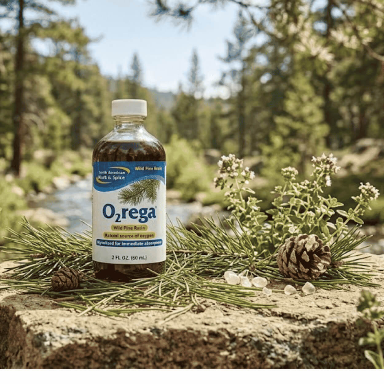 A glass bottle 'O2rega' stands in the forest on a stone surrounded by pine needles, cones, resin crystals, and blooming oregano, with a flowing river in the background.